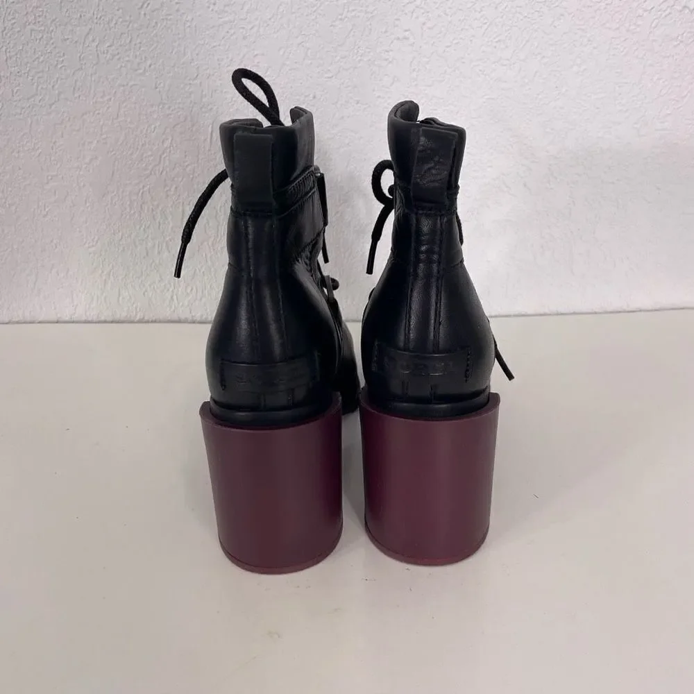Sorel Black Leather Purple Heel‎ Margo Lace Up Block Heel Booties Size 8